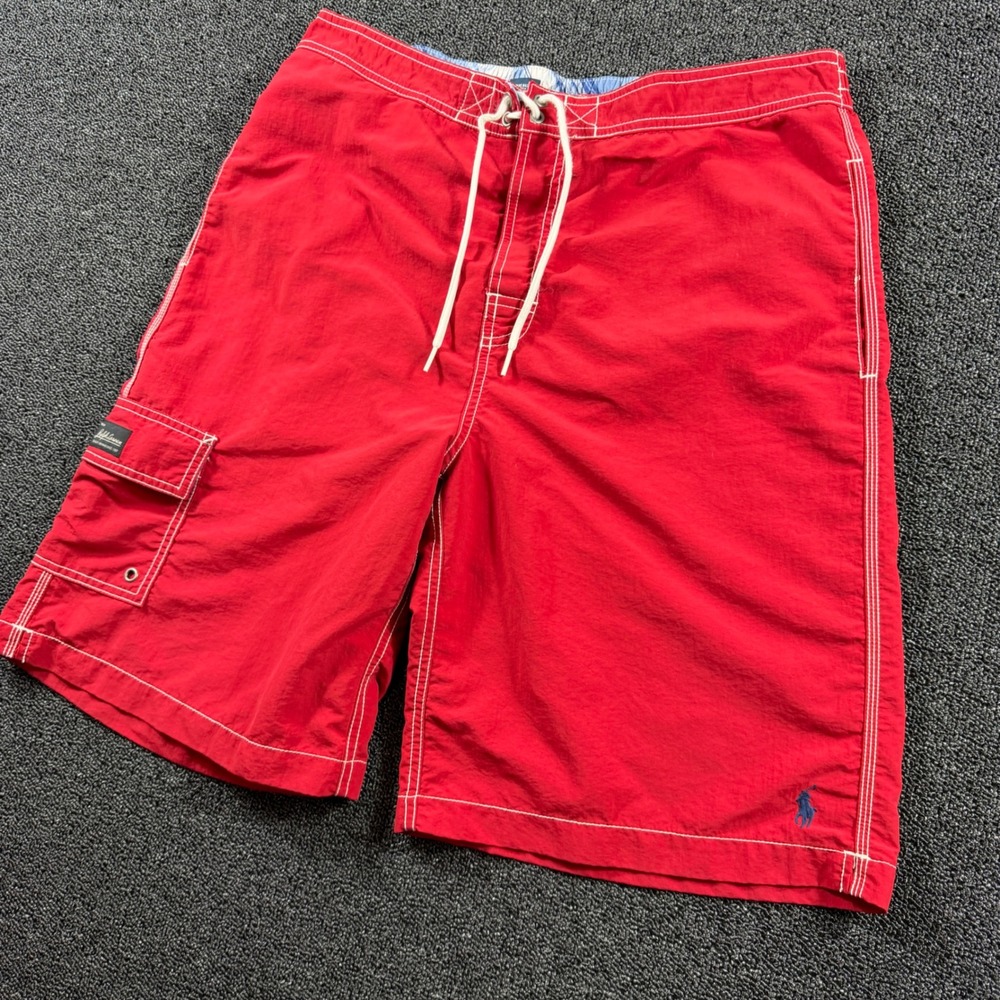 Vintage Polo Ralph Lauren Men's L Cargo Swim‎ Trunks Board Shorts Red Lifeguard